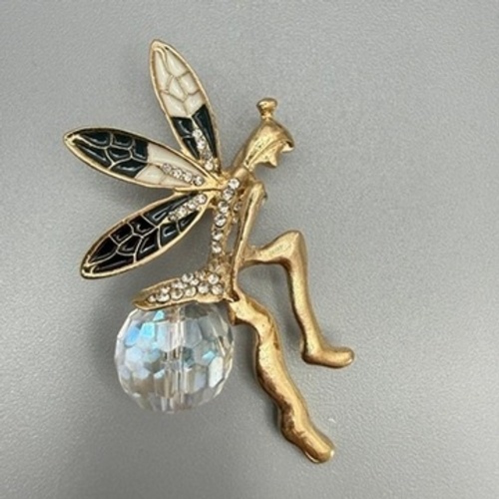 Gold Tone Firefly Fairy Crystal Ball Necklace Pendant 2.5" Whimsical